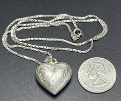 Vintage Sterling Silver Puffy Heart Pendant Necklace 20” Box Chain 925