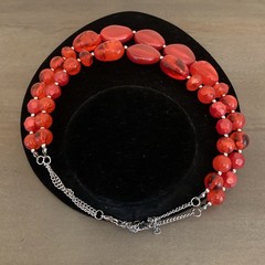 Vintage Necklace Red Chunky Silver Tone Beaded Statement Layered Chain Y2K Glam
