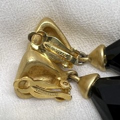 Vintage Signed Erwin Pearl Black Lucite Dangle Clip On Earrings Brushed Gold