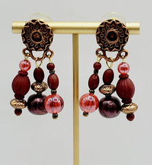 Burgundy Cranberry Copper Colored Multi Shape & Strand Bead Pierced Vtg Earrings