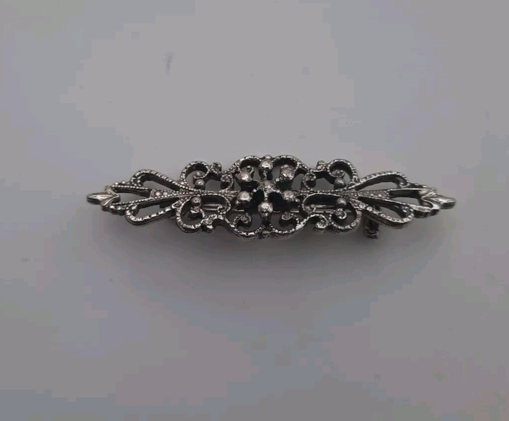 Dark Silver Tone Filigree Bar Brooch 2″