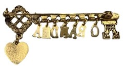Key Shape Pin Brooch Dangling Heart With G-R-A-N-D-M-A Letters Gold Tone