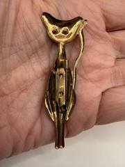 Vintage cat brooch c clasp pin blue rhinestone eyes stamped brass stylized
