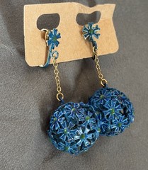 Woman’s 1960’s Earrings Clip Dangling Blue Flower Ball 2 Inch Enamel