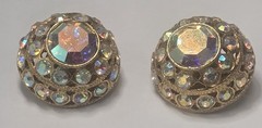 Vintage Signed Graziano 1980s Dome Aurora Borealis Gold Tone Clip On Earrings