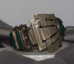 Vintage Mexico Sterling Silver Green Onyx Aztec Warrior Bracelet 60.8G/6.25in