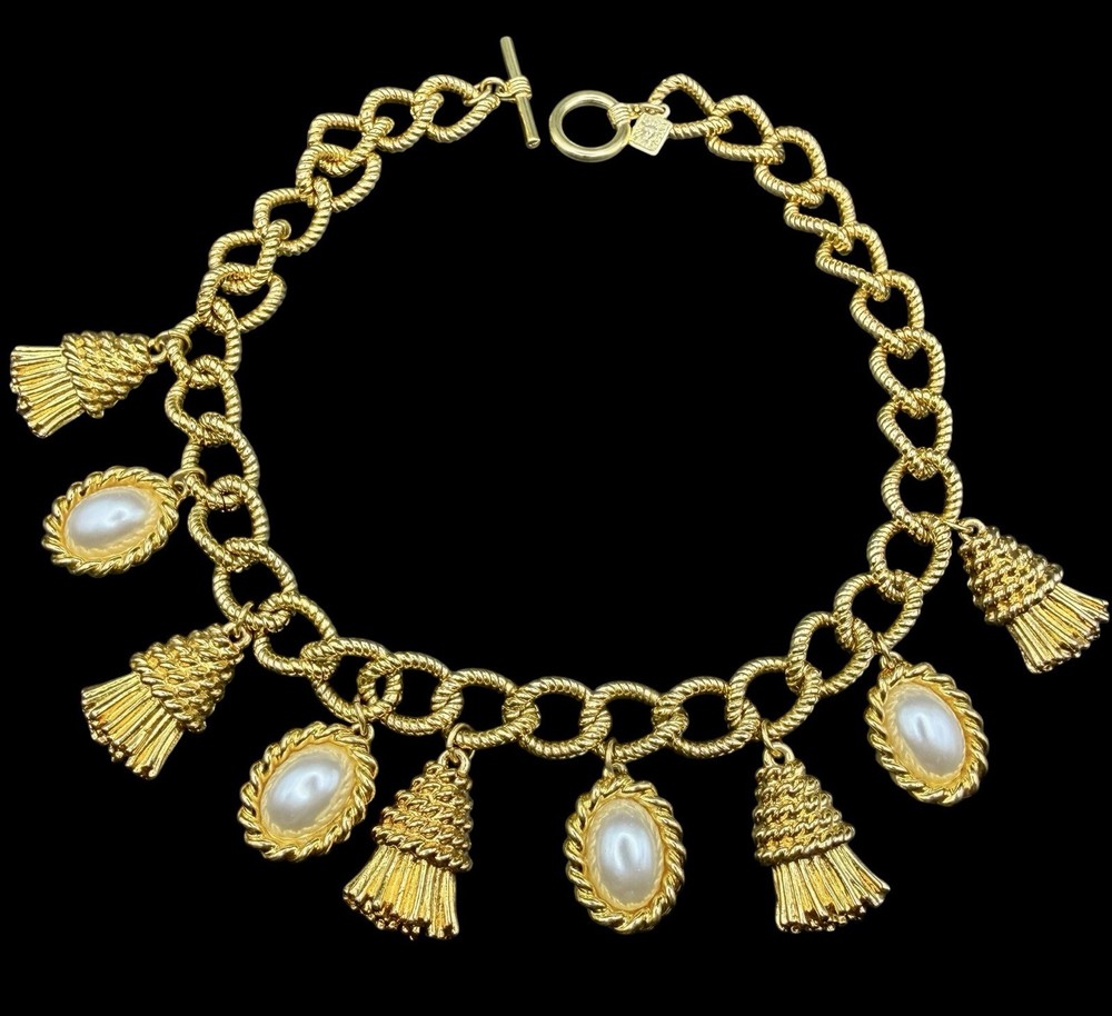Vtg Anne Klein Chunky Gold Plated Faux Pearl & Tassel Runway Statement Necklace