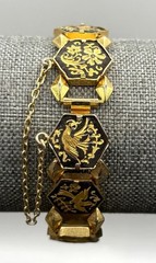 Vintage Damascene Gold Plated Hexagon Black Enamel Phoenix Bird Bracelet 7.25”