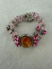 Pink Rhinestone Stretch Bracelet Amber Faceted Center Stone Silver Tone Boho