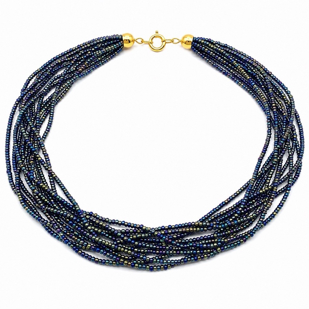 Vintage Peacock Iridescent Glass Seed Bead Multi Strand Choker Necklace 14”
