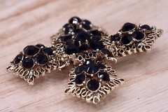 Unsigned Lisner Maltese Cross Brooch Pin Jet Rhinestone Antiqued Gold Tone