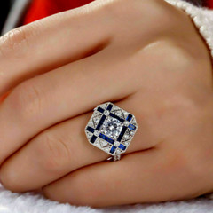 Antique Vinta Baguette Cut Sapphire & Lab-Created Diamond Wedding 925Silver Ring