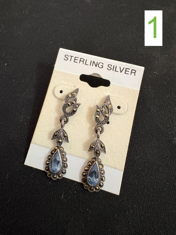 Vintage Art Deco Sterling Silver 925 Dangle Earrings (Marcasite and Faux Pearl)