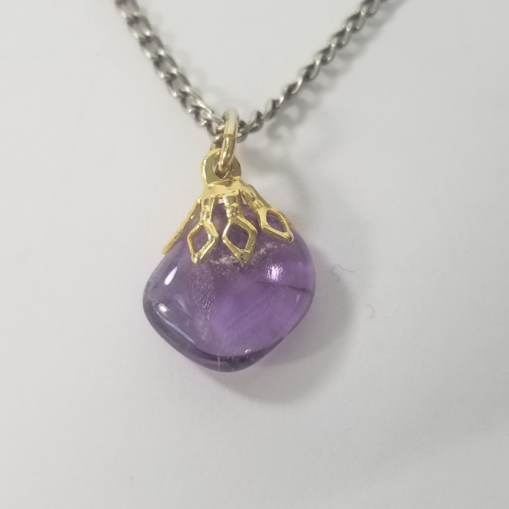Vintage Gold Tone Purple Glass Cabochon Pendant & Silver Tone Necklace Chain
