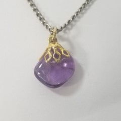 Vintage Gold Tone Purple Glass Cabochon Pendant & Silver Tone Necklace Chain