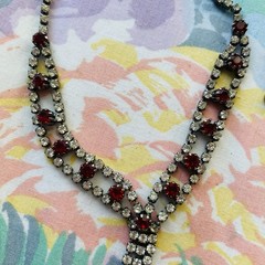 Vintage Red Rhinestone Necklace Sterling Plated Hang Tag Silver Tone 17 Inches