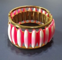 Vintage Hinged Pink & White Stripe Peppermint Lucite & Metal Clamper BRACELET