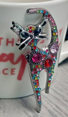 Silver Tone Multi Colored Rhinestone Cat Brooch
