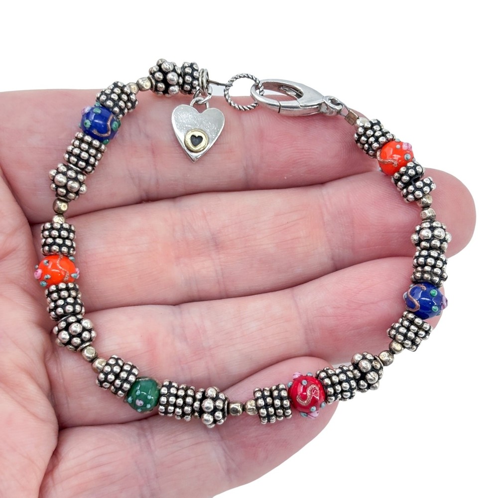 Vintage Mexico Sterling Silver 925 Multi Color Lampwork Bead Bracelet 8″