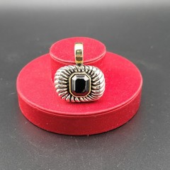 Vtg TJ Pendant Brutalist Black Rhinestone Tahoe Jewelry Medeiros 2-tone Wide