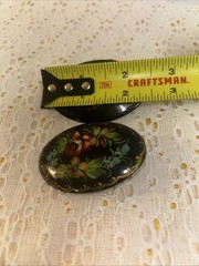Vintage Hand Painted Russian Lacquer Brooches Signed Floral Folk Art Set Of 2