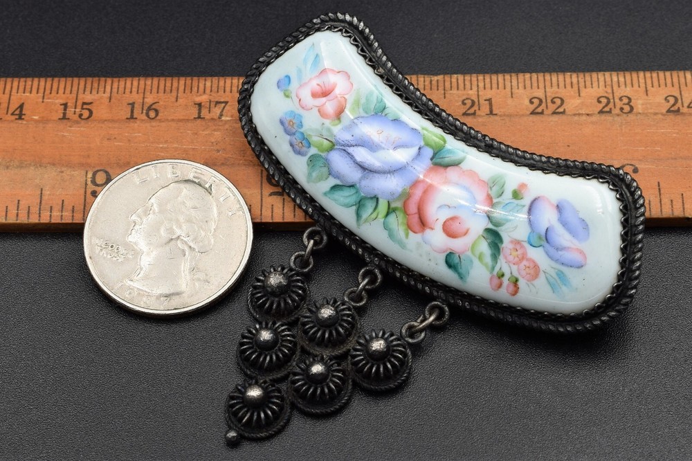 VTG OLD russian Cupronickel Finift Enamel Retro porcelain brooch German Silver