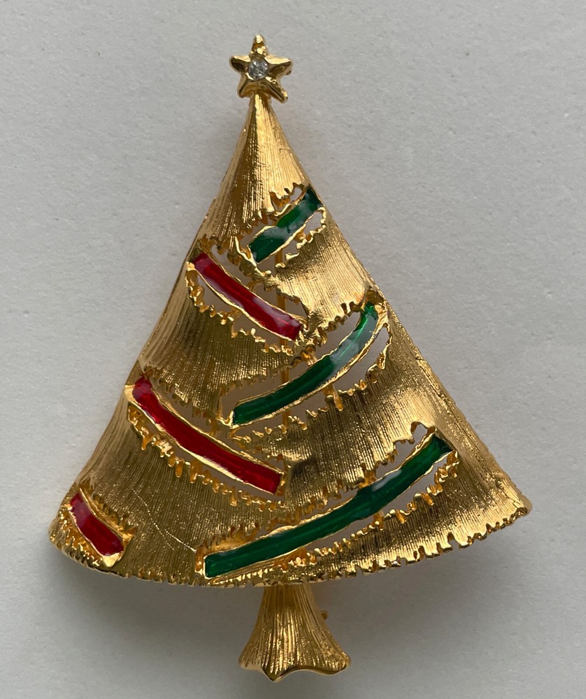 VINTAGE VERO CHRISTMAS TREE BROOCH PIN GOLD ENAMEL MID CENTURY MODERN HTF 33