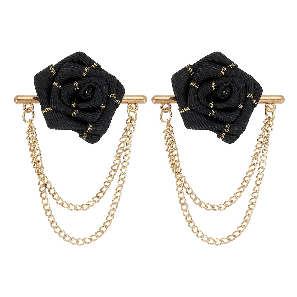 2 Pcs Rose Lapel Pin with Double Hanging Chain Brooch Suit Black with Gold Rim
