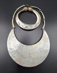 Vintage Carved Mother of Pearl Bib Necklace and Elephant Head Bangle Bracelet