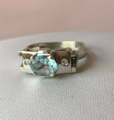 VINTAGE 14K WHITE GOLD AQUAMARINE DIAMOND RING MODERNIST DESIGNER SETTING ITALY