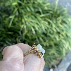 Vintage 14kt yg 3 5.7mm pearls, diamonds & marquise sapphire cluster ring GVT1-L