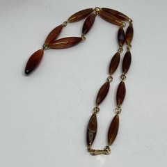 Vintage Art Deco Carnelian Agate Marquise Bead Y Necklace Gold Tone Link 20”