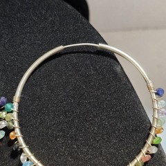 Large Vintage Sterling Silver with Gemstone Wire Wrap Hoop Earrings 2.05″