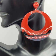 Large Metal Hoop Red Black White Enamel Hand Painted Pierced Vintage Earrings