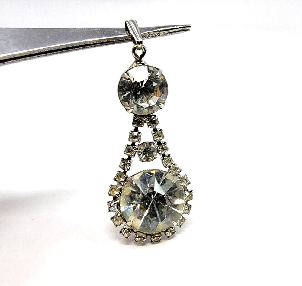 Antique Victorian Silver Tone Rhinestone Crystal Drop Dangle Pendant
