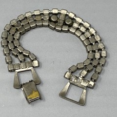 VTG Clear Rhinestone Bracelet Silver Tone Three Rows Fold Over Clasp WEAR 7″