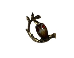 Gold Tone Owl on Branch Brooch Brown Cabochon Glass Body Red Eyes EMMONS