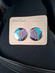Vtg Laurel Burch Enamel Stud Earrings purple/Teal Silvertone Anthurium Flower
