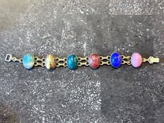 Vintage WRE 14K Gold Filled Gemstone Scarab Bracelet 6 Stone Egyptian Revival