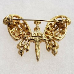Vintage Signed LIA Designer Butterfuly Brooch Pin w Red Rhinestones Secure Clasp