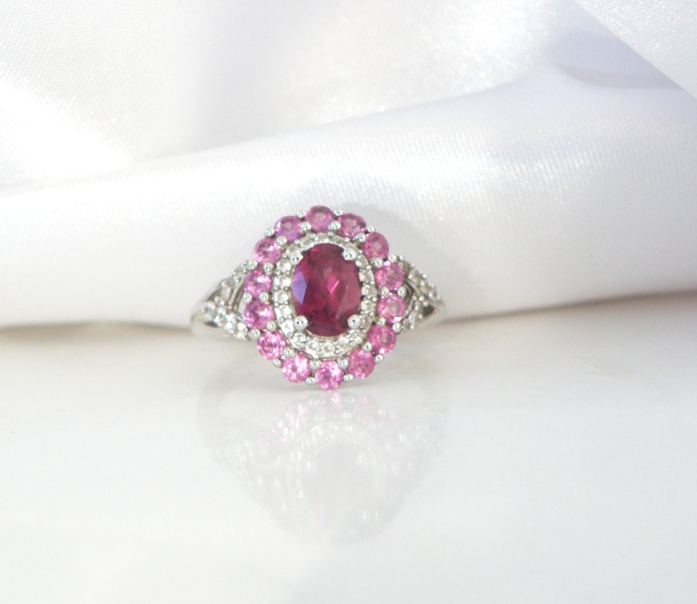 Vintage Sterling Silver Natural Irradiated Pink Tourmaline Halo Ring Size 7