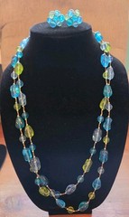 Vtg 1960s Lucite Bead Jewelry Set Double Strand Necklace Blue Green Clip…