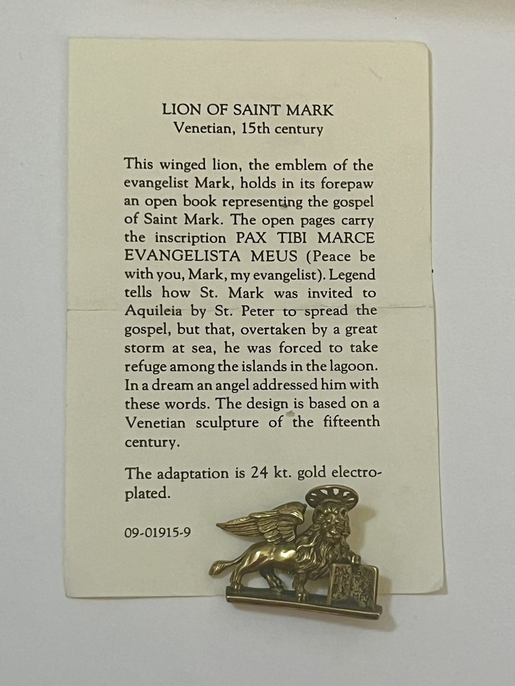 MMA Pendant Pin Lion St Mark Signed Metropolitan Museum Art Estate Jewelry 1984