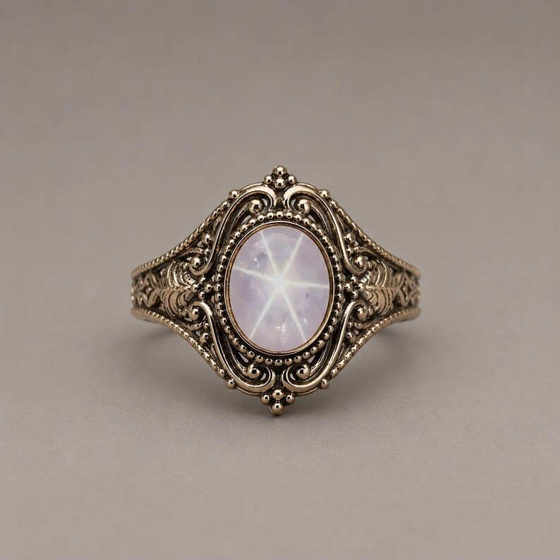 Vintage Star Sapphire Ring 7x5mm Sterling Silver Filigree Art Deco Gift