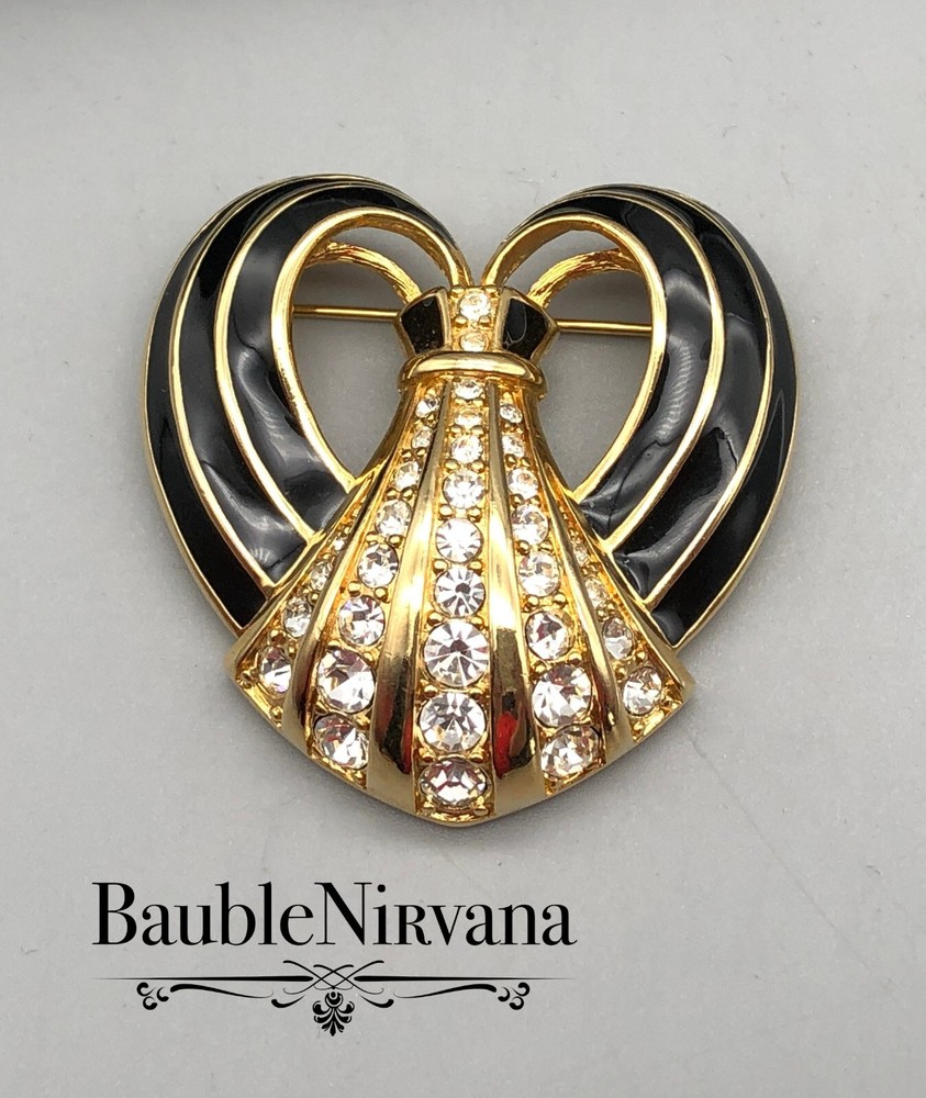 Vintage Swarovski Black Enamel & Clear Austrian Crystal Heart Ribbon Brooch Pin