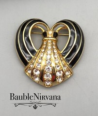 Vintage Swarovski Black Enamel & Clear Austrian Crystal Heart Ribbon Brooch Pin
