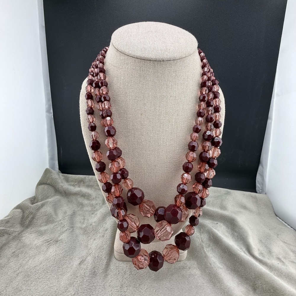 Statement Necklace Layered Beaded Acrylic Pink Purple 19”