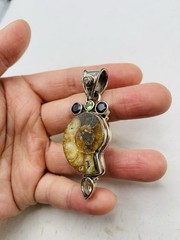 Vintage Sterling Silver 925 Peridot Smoky Topaz Gemstone Ammonite Fossil Pendant