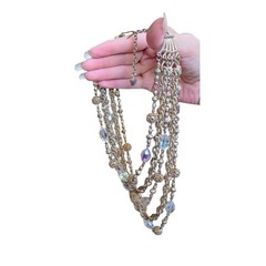 Vintage AB Crystal Glass Bead Multi Strand Gold Tone Bib Necklace 1950s 1960s