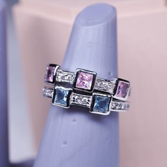 1990’s 18K White Gold-Plated Pink and Blue square stone 2 ring stack